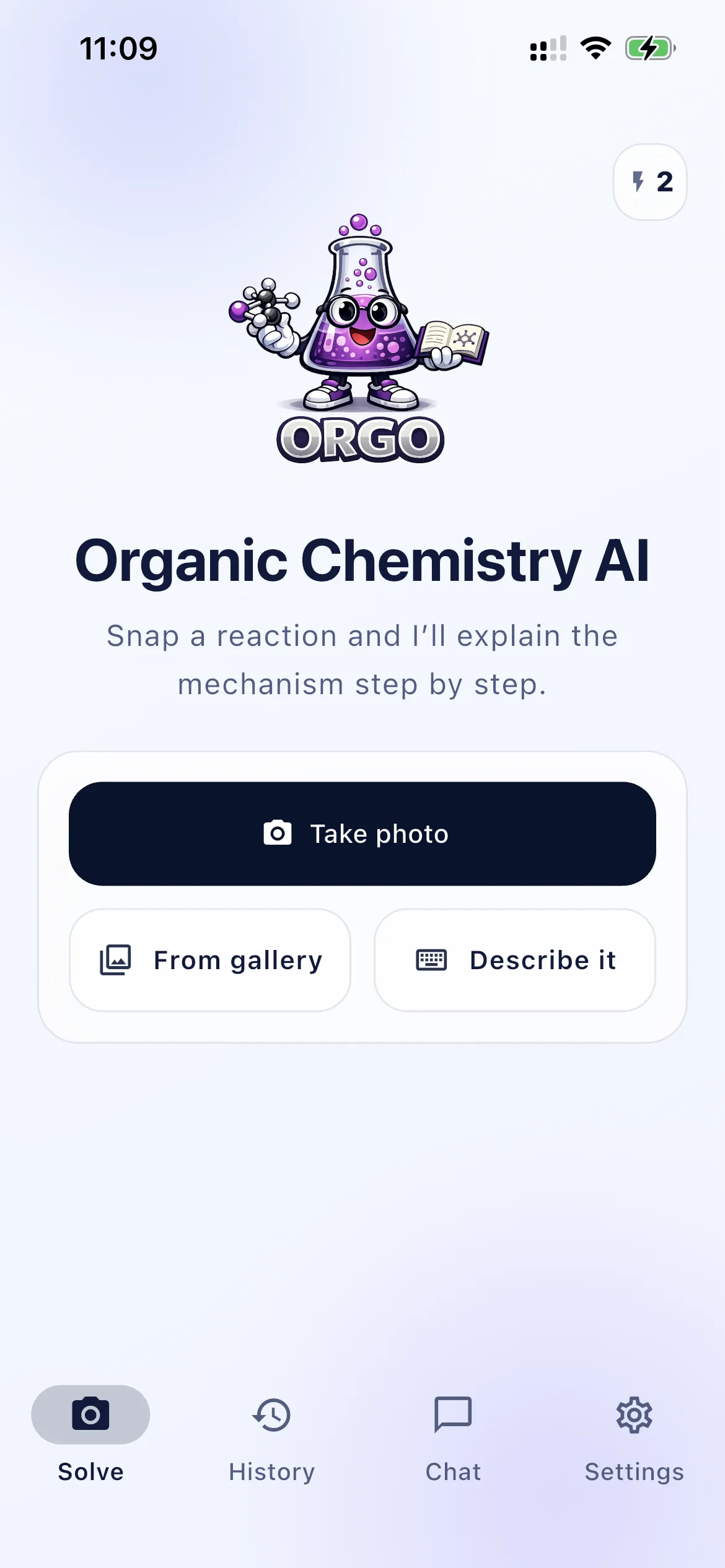 Chemistry AI home screen: snap a reaction and get a step-by-step mechanism