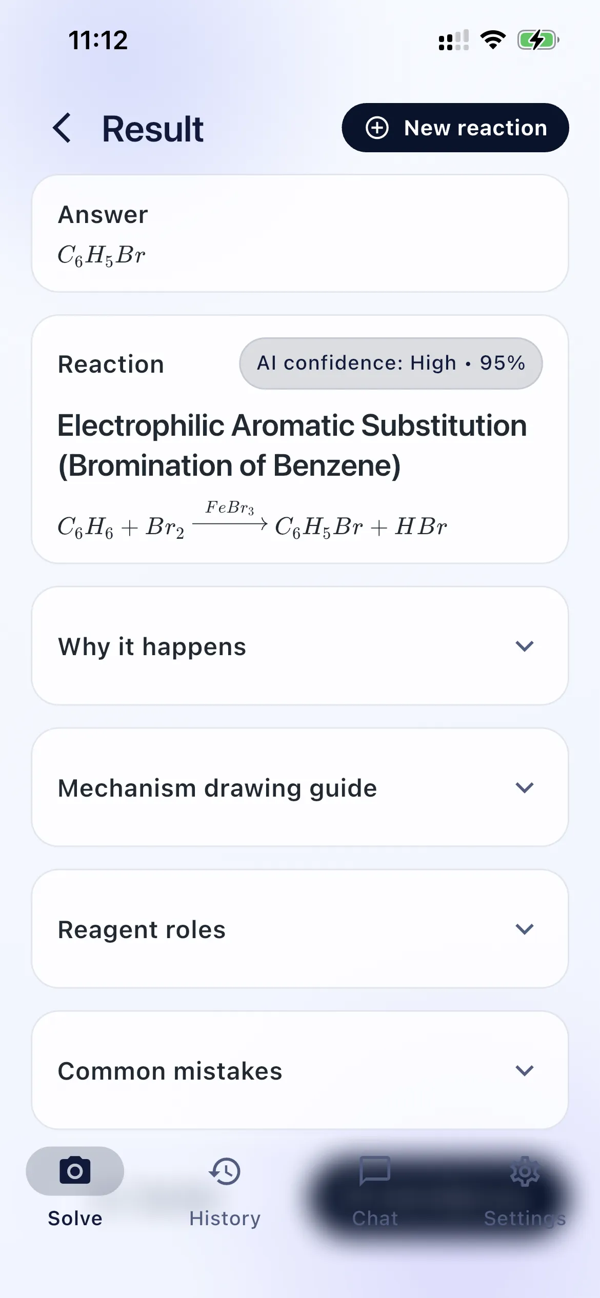 Chemistry AI result screen showing a bromination product, reaction type, and expandable mechanism sections